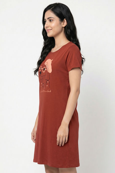 Zivame Farm Lore Knit Cotton Knee Length Nightdress With In Built Slip On Bra - Burnt Brick — image 2